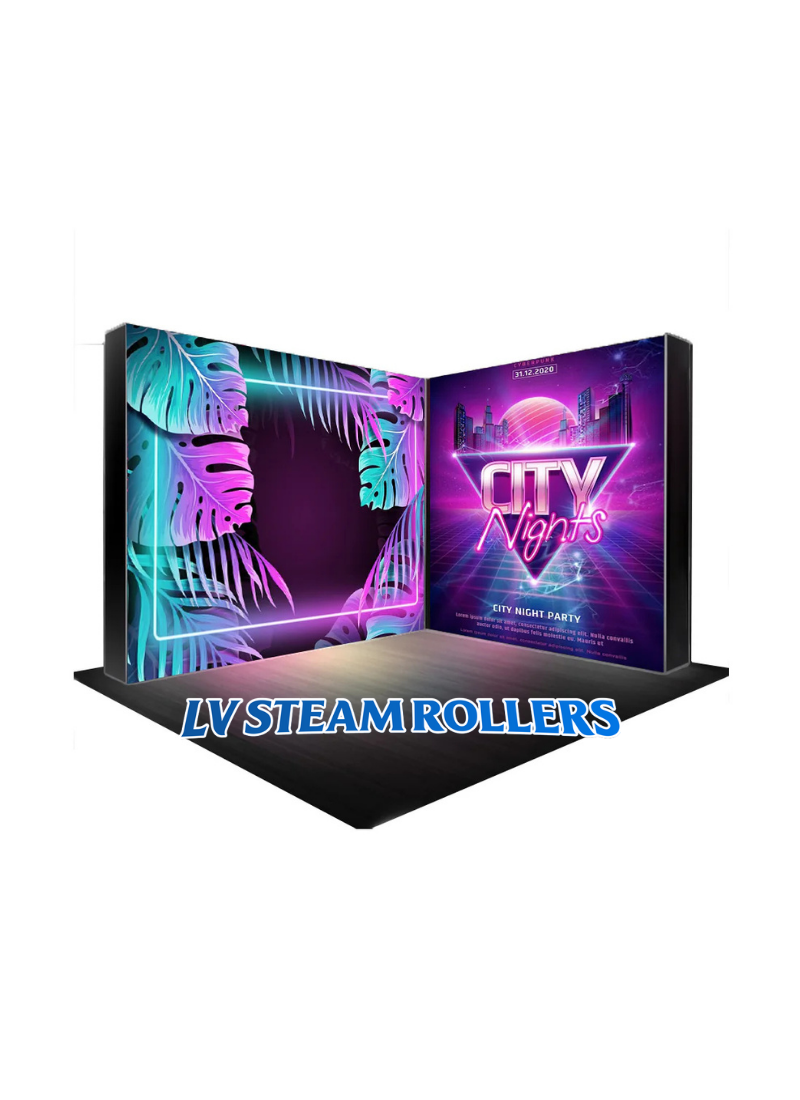 L-Shaped Illuminated Media Wall Set with Counters for 10ft x 10ft Booths.